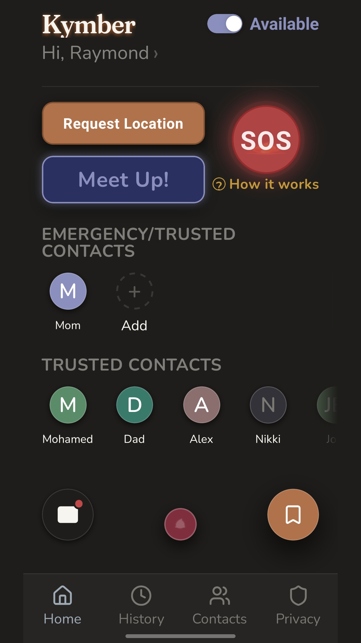 Kymber home screen with Request Location, SOS and Meet Up buttons