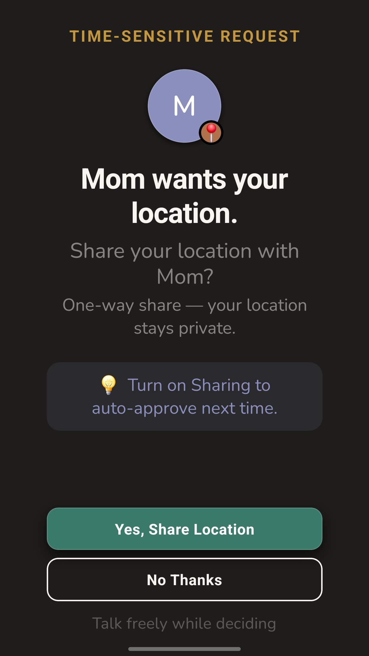 An incoming location request you can approve or decline