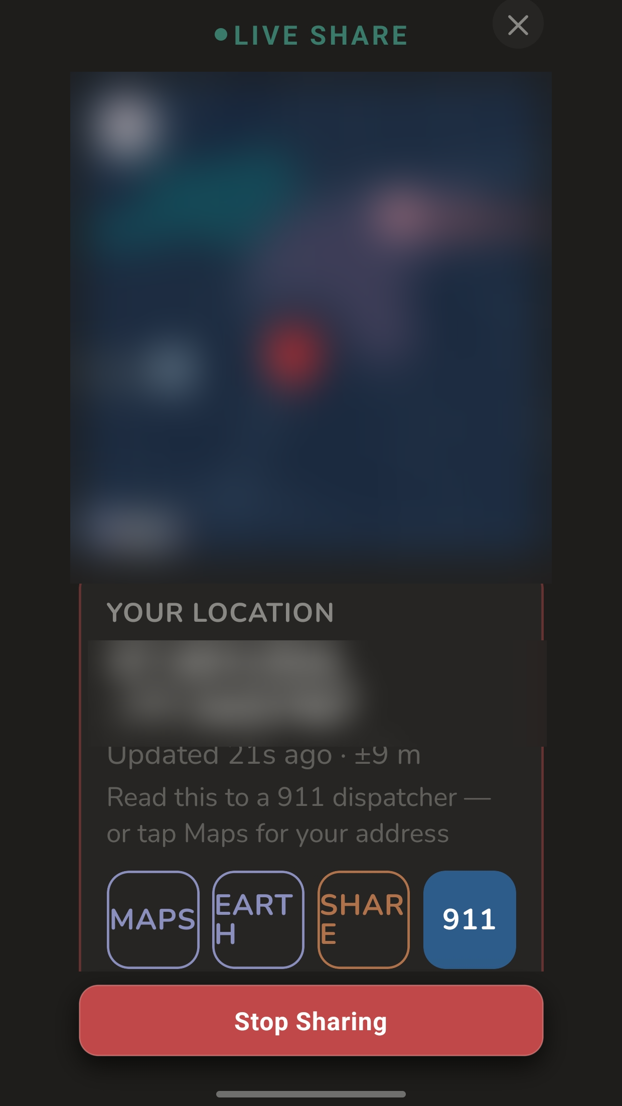 Live share showing exact coordinates with Maps and 911 shortcuts
