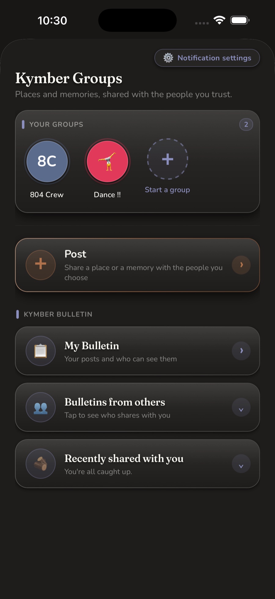Kymber Groups — a trusted-contacts board of places and memories