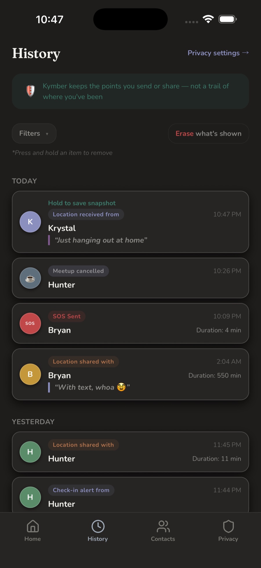 History showing what you sent and shared, with filters and a note that Kymber keeps no trail