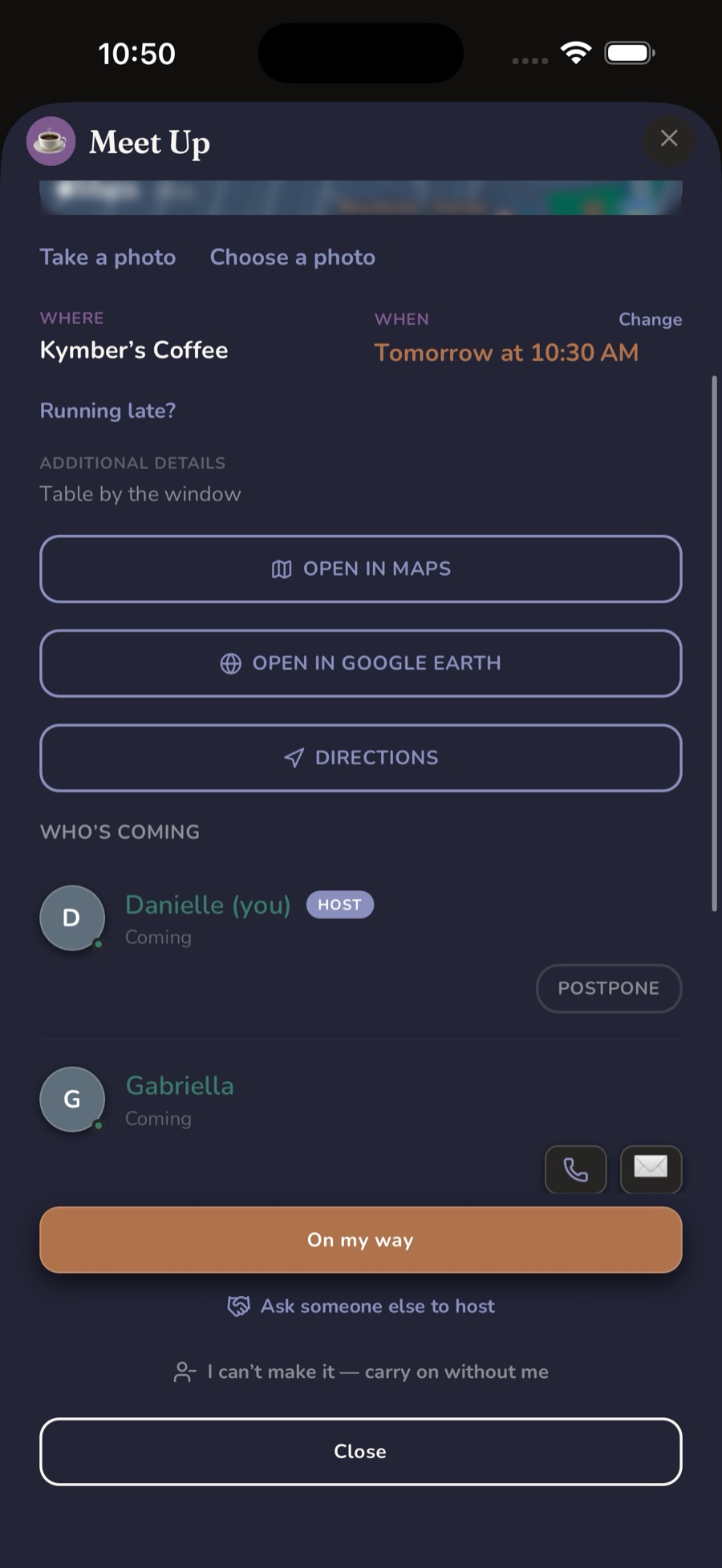 A Meet Up showing where, when, and who is coming