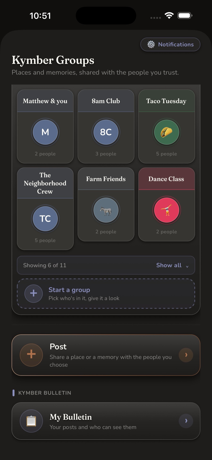 Kymber Groups — a trusted-contacts board of places and memories