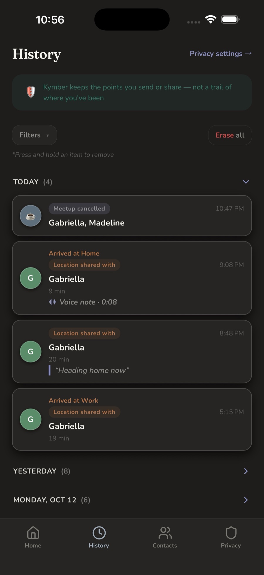 History showing what you sent and shared, with filters and a note that Kymber keeps no trail